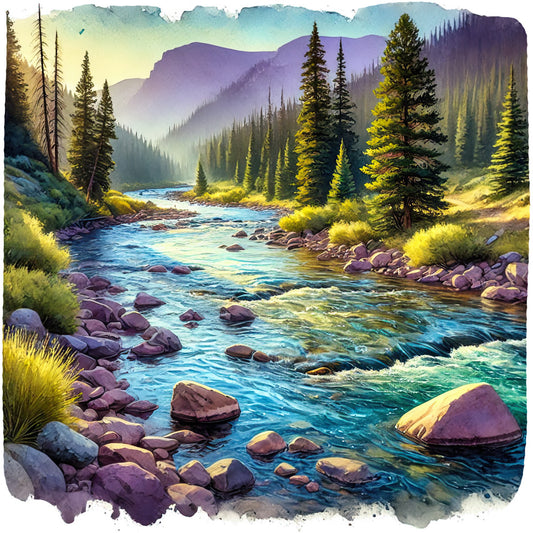 colorado mountains, rocky stream, evergreen trees, watercolor style, nature scene, blue water, purple rocks, green foliage, mountain landscape, fabric panel, quilting cotton, scenic vista, pine trees, flowing river, outdoor wilderness, peaceful setting, natural colors, aqua sky, golden highlights