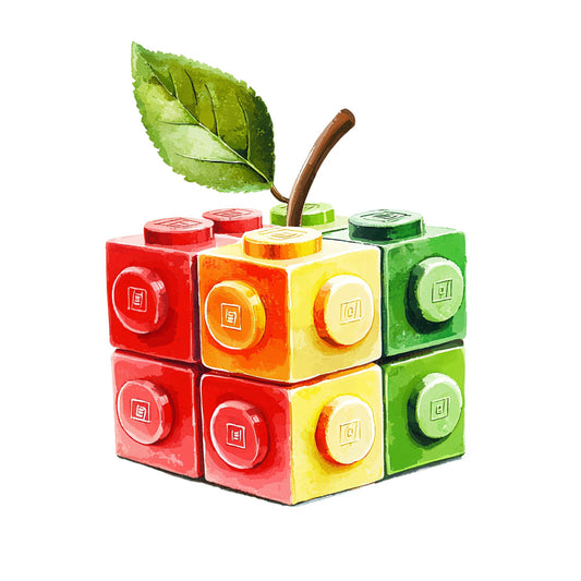 apple, building blocks, lego blocks, colorful blocks, red blocks, yellow blocks, green blocks, orange blocks, leaf detail, brown stem, toy theme, children's fabric, geometric squares, bright colors, playful design, fabric panel, quilting cotton, kids room, rainbow colors, construction blocks