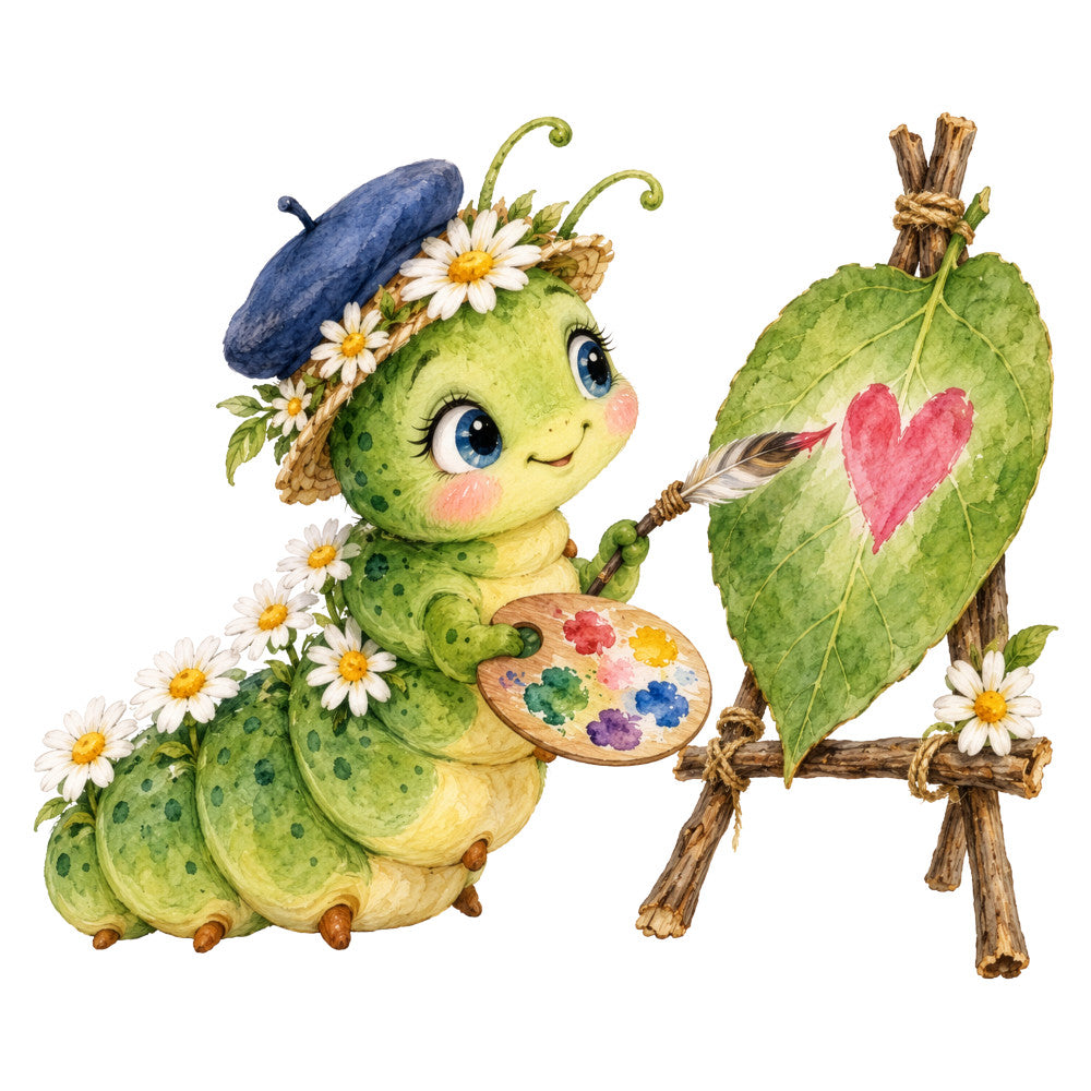 whimsical, caterpillar, green, yellow, daisies, flowers, heart, artist palette, creative, cute, charming, spring, summer, nature, animals, insects, floral, paintbrush, beret, French, cottage core, cheerful, colorful, pastel, children, kids, baby, playful, illustration, storybook