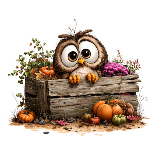 owl, autumn, fall, harvest, pumpkins, flowers, pink flowers, orange, brown, cream, woodland, whimsical, nature, animals, birds, rustic, farmhouse, seasonal, thanksgiving, garden, floral, cute, children, kids, pansies, mums, fall foliage, wooden crate, country, cottagecore