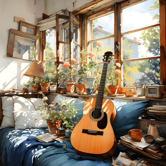 warm honey orange, warm wood tones, burnt orange, terracotta, sage green, dusty blue, navy blue, cream, white, natural light, artistic illustration, cozy aesthetic, botanical, potted plants, guitar, musical instrument, window scene, sunlit, indie style, bohemian, artistic, creative, vintage inspired, whimsical, artistic bedroom, musician, artistic home decor, nature inspired, warm and inviting, lifestyle illustration
