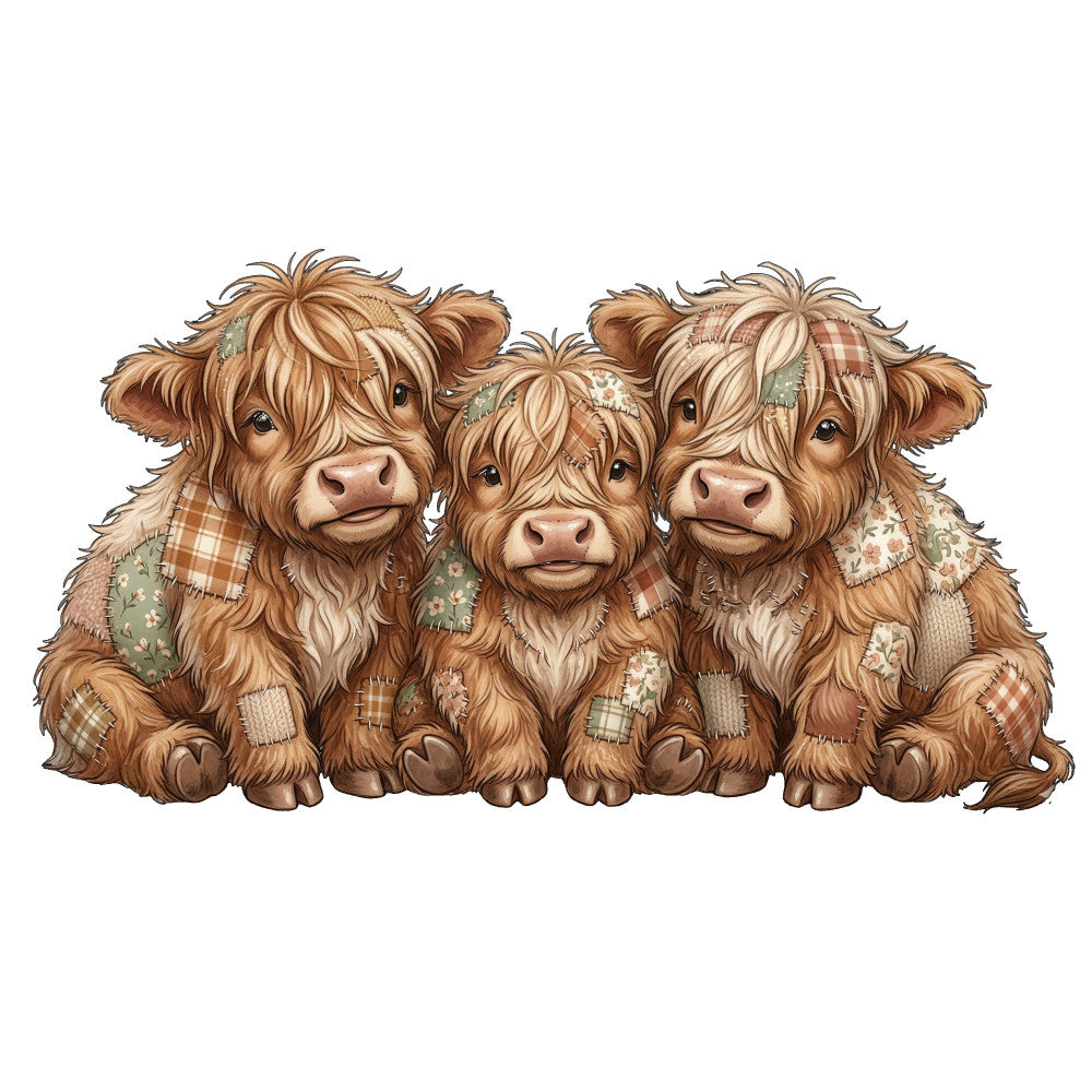 highland cattle, brown, tan, cream, plaid, patchwork, farmhouse, rustic, whimsical, animals, livestock, cattle, cows, scottish, folk art, charming, cozy, country, cottage core, pastoral, traditional, cute, adorable, quirky, decorative, wall hanging, home decor, nursery, children's, baby