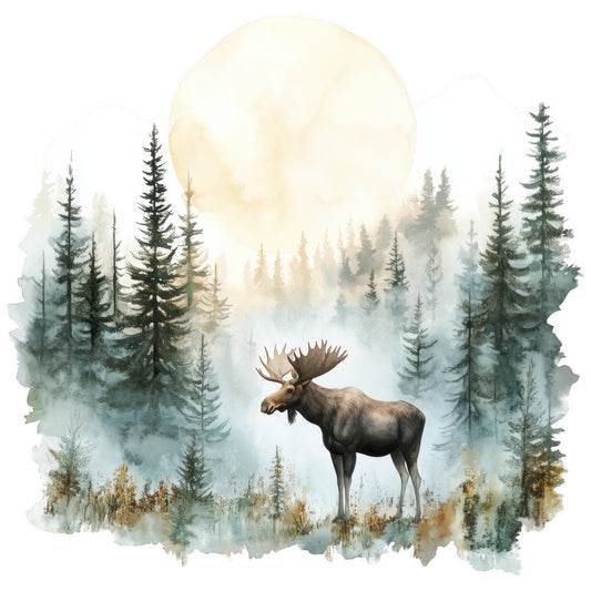 moose, wildlife scene, forest landscape, evergreen trees, pine trees, spruce trees, full moon, misty atmosphere, fog, watercolor style, nature panel, fabric panel, quilting cotton, earth tones, sage green, cream, brown, taupe, wilderness, outdoor scene, majestic antlers, standing moose, serene mood, peaceful setting