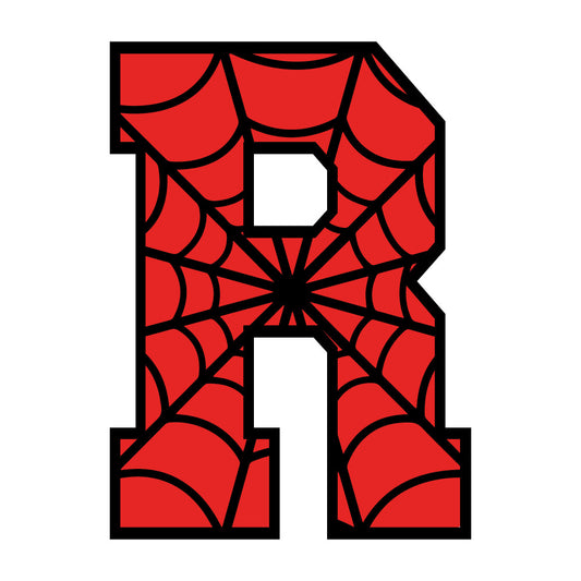 red, black, spider web, alphabet letter, geometric pattern, radial design, fabric panel, quilting cotton, superhero theme, comic book style, children's fabric, novelty print, applique design, craft material, sewing project, letter r, web pattern, bright colors, cotton fabric, decorative panel