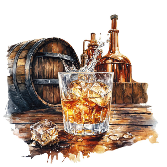 bourbon, whiskey, barrel, copper stills, amber liquid, golden brown, rustic wood, ice cubes, glass tumbler, distillery equipment, watercolor style, splash effects, wooden textures, metal bands, fabric panel, quilting cotton, alcohol themed, bar scene, vintage brewing, craft spirits