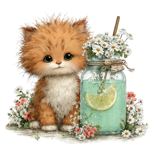 fluffy cat, orange tabby, green eyes, white daisies, coral pink flowers, sage green, mint green, floral, nature, whimsical, cute animals, botanical, vintage illustration, spring, summer, lemon slice, mason jar, flower arrangement, garden theme, sweet, charming, cottage style, rustic, feminine, delicate florals, pink carnations, white daisies with yellow centers, kitten, baby animals, storybook illustration