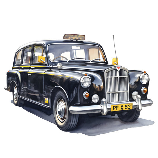 black taxi cab, london taxi, classic car, vintage vehicle, retro automobile, british taxi, yellow and black, chrome details, iconic design, transportation theme, nostalgia, vintage style, 1950s, mid-century, elegant transportation, timeless design, urban theme, city life, british heritage, novelty print, whimsical vehicles, collector cars, iconic british, transportation motif, cream accents, traditional style, heritage design, collectible cars