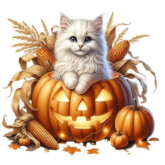 white cat, pumpkin, jack-o-lantern, halloween, autumn, fall, corn, cornstalk, wheat, harvest, orange, cream, golden yellow, brown, tan, whimsical, cute, festive, seasonal, animal, nature, spooky, cozy, rustic, farmhouse, cottage core, thanksgiving, october, seasonal decor, children's