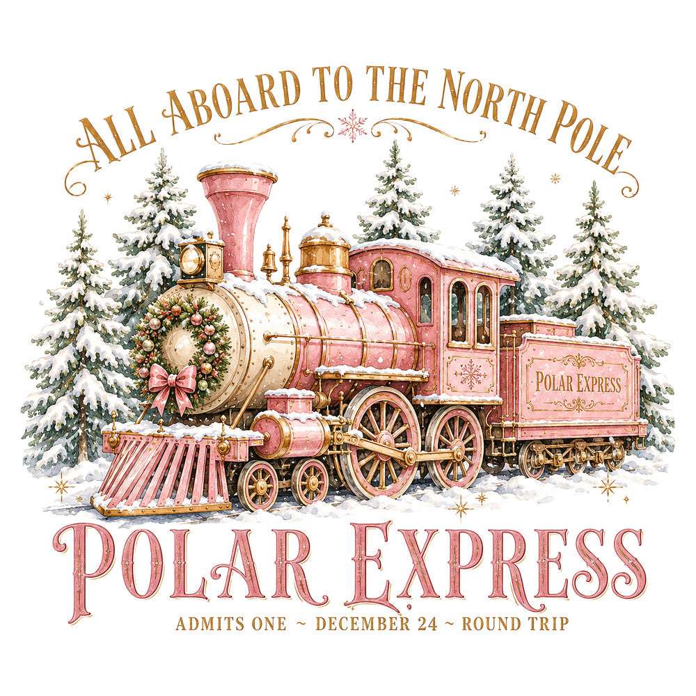 polar express, christmas, holiday, train, steam locomotive, north pole, vintage, whimsical, nostalgic, dusty rose, coral pink, gold, cream, forest green, snow, winter, evergreen trees, festive, magical, children's, storybook, december 24, round trip ticket, elegant, traditional, fairy tale, seasonal, christmas train, snowy landscape, decorative motif