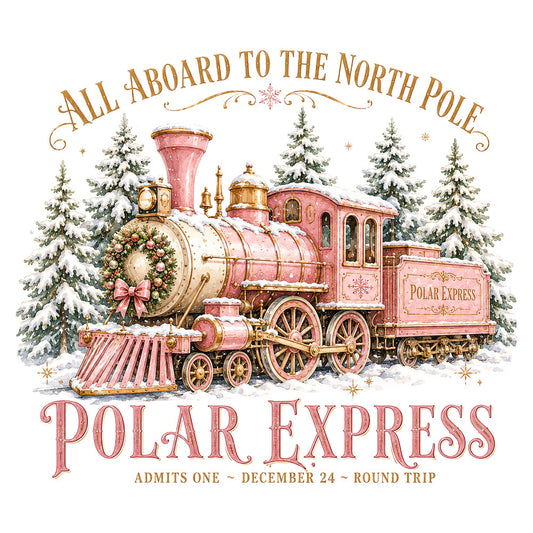 polar express, christmas, holiday, train, steam locomotive, north pole, vintage, whimsical, nostalgic, dusty rose, coral pink, gold, cream, forest green, snow, winter, evergreen trees, festive, magical, children's, storybook, december 24, round trip ticket, elegant, traditional, fairy tale, seasonal, christmas train, snowy landscape, decorative motif