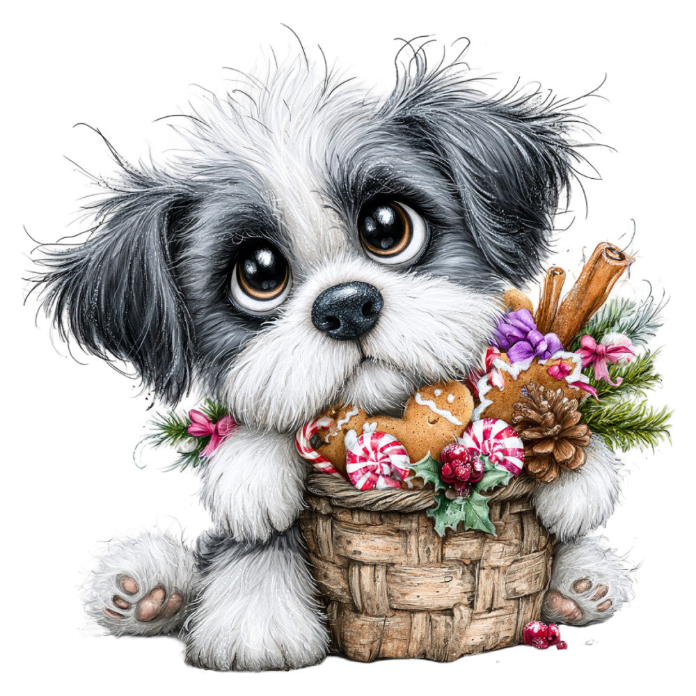 black and white dog, shih tzu, puppy, cute animals, holiday, christmas, festive, whimsical, charming, sweet, gingerbread, candy canes, peppermint, cinnamon sticks, pine branches, berries, flowers, basket, decorative, seasonal, winter, cream white, warm brown, golden brown, burgundy red, deep purple, nature inspired, playful, adorable, children's