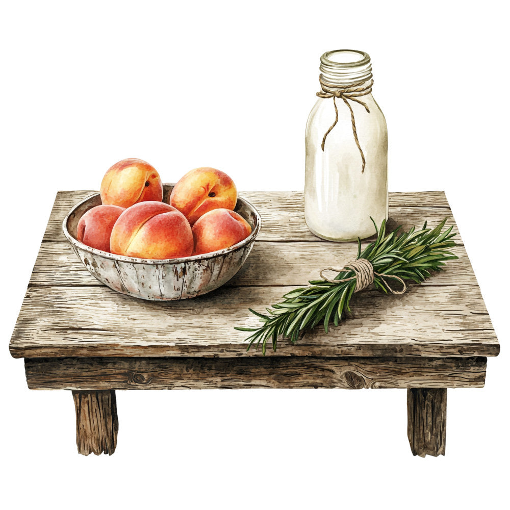 rustic farmhouse, peaches, milk bottle, rosemary herbs, weathered wood table, country kitchen, fabric panel, quilting cotton, still life, watercolor style, warm earth tones, beige background, vintage bowl, twine details, harvest theme, botanical elements, kitchen scene, cottage core, natural textures, rustic charm