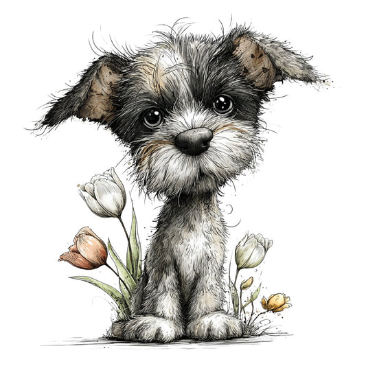 puppy, dog, shih tzu, small dog, black and white, cream, tan, beige, charcoal gray, flowers, tulips, floral, whimsical, cute, sweet, adorable, baby, children, springtime, spring, nature, botanical, illustration, watercolor, artistic, pet lover, animal theme, nursery, baby quilt, wall hanging