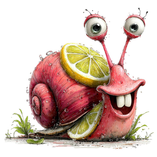 coral red, lime green, yellow, whimsical, snail, slugs, creatures, animals, nature, cartoon, playful, fun, children, kids, novelty, illustration, art print, quirky, humorous, fantasy, garden, spring, summer, vibrant colors, colorful, bold, eye-catching, unique design
