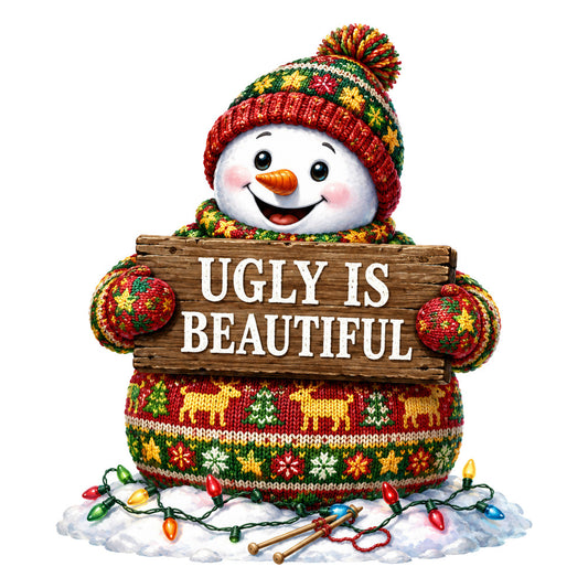 snowman, holiday, christmas, winter, festive, red, green, gold, yellow, orange, knit pattern, sweater design, whimsical, cheerful, seasonal, decorative, inspirational, rustic wood sign, christmas lights, reindeer motif, snowflakes, cozy, traditional, seasonal decor, wall hanging, festive theme, joy, cheerful sentiment, winter wonderland, holiday panel