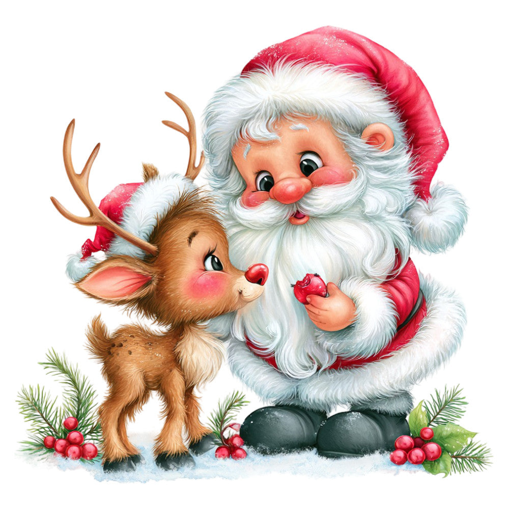 santa claus, reindeer, christmas, holiday, red and white, cream, forest green, festive, whimsical, vintage, retro, cute, jolly, nostalgic, traditional, winter, seasonal, children's, baby, character panel, north pole, rosy cheeks, berries, pine branches, snow, cheerful, playful, classic christmas