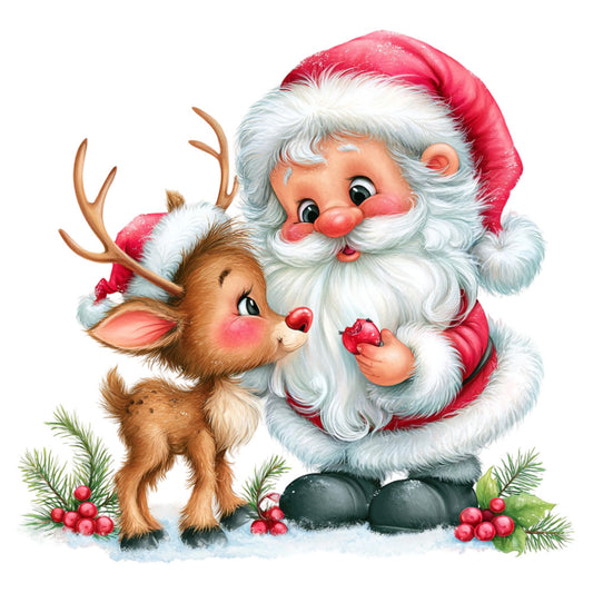 santa claus, reindeer, christmas, holiday, red and white, cream, forest green, festive, whimsical, vintage, retro, cute, jolly, nostalgic, traditional, winter, seasonal, children's, baby, character panel, north pole, rosy cheeks, berries, pine branches, snow, cheerful, playful, classic christmas