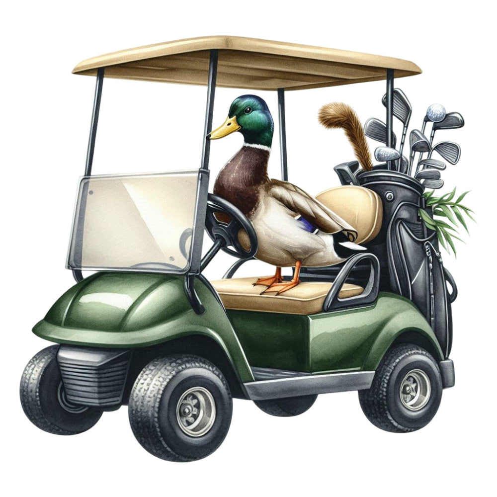 golf cart, mallard duck, sports, leisure, golf themed, green, tan, cream, brown, forest green, sage green, dark green, whimsical, humorous, funny, novelty, golf clubs, vintage sports, recreational, hobby themed, masculine, dad gift, golfer, athletic, casual style, outdoor recreation, summer, sports equipment