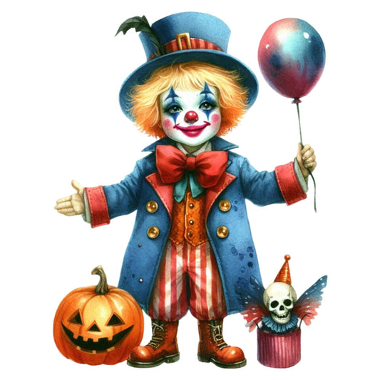 clown, halloween, autumn, fall, jack-o-lantern, pumpkin, balloon, skeleton, whimsical, vintage, navy blue, orange, red, gold, festive, spooky, costume, party, circus, top hat, feather, striped pants, playful, quirky, holiday, october, children's, colorful, character, decorative
