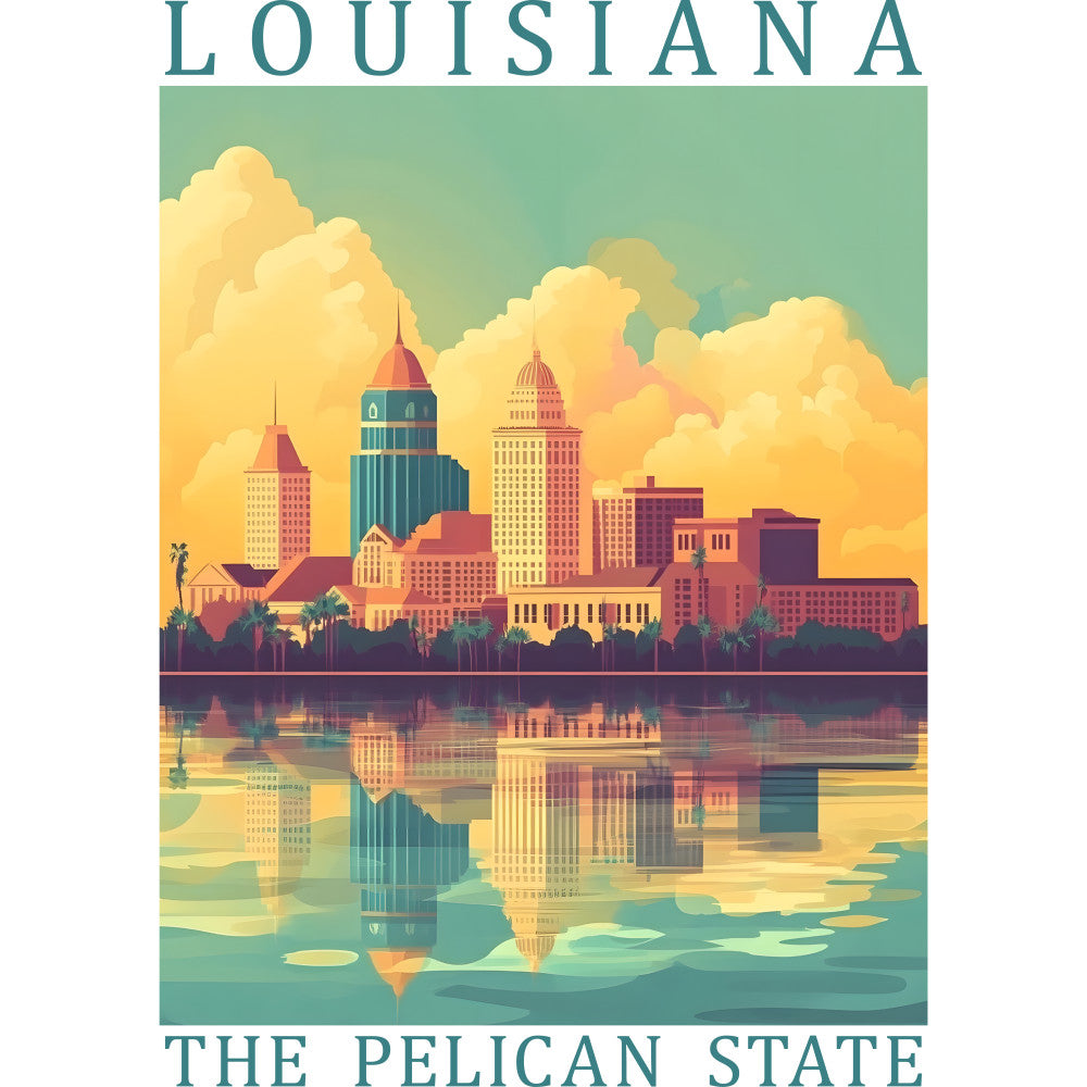 louisiana, pelican state, cityscape, skyline, water reflection, sunset colors, golden yellow, teal blue, coral pink, purple buildings, dramatic clouds, palm trees, fabric panel, quilting cotton, travel poster, vintage illustration, architectural silhouette, southern landscape, warm tones, decorative panel