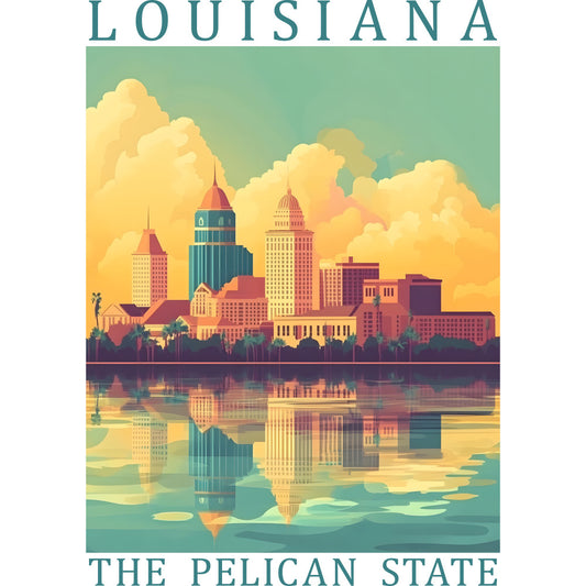 louisiana, pelican state, cityscape, skyline, water reflection, sunset colors, golden yellow, teal blue, coral pink, purple buildings, dramatic clouds, palm trees, fabric panel, quilting cotton, travel poster, vintage illustration, architectural silhouette, southern landscape, warm tones, decorative panel