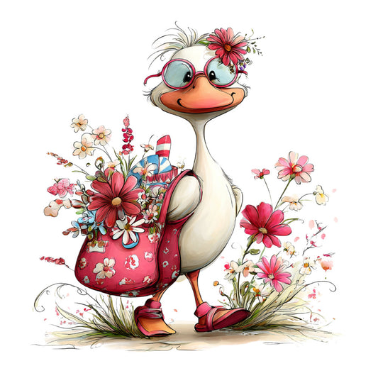 whimsical, animals, duck, birds, floral, flowers, daisies, cosmos, pink, coral pink, red, burgundy, cream, blue, spring, summer, nature, cute, playful, cheerful, colorful, glasses, hat, boots, flower bouquet, children's, kids, nursery, baby, lighthearted