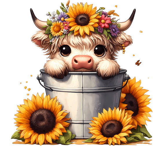 Cute Highland Cows in Buckets Fabric Panel 6 featuring an adorable cow with a flower crown and sunflowers in a metal bucket.