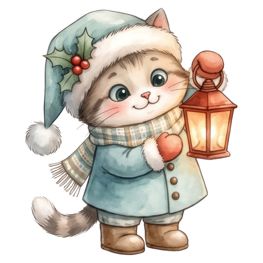 christmas cat, holiday kitten, winter cat, festive feline, sage green, dusty blue, cream white, coral red, brown boots, santa hat, holly leaves, red berries, lantern, scarf, whimsical, cute animals, seasonal, christmas fabric, holiday theme, winter theme, children's, baby friendly, storybook style, watercolor effect, vintage holiday, cozy, charming, decorative panel, wall hanging, christmas quilt