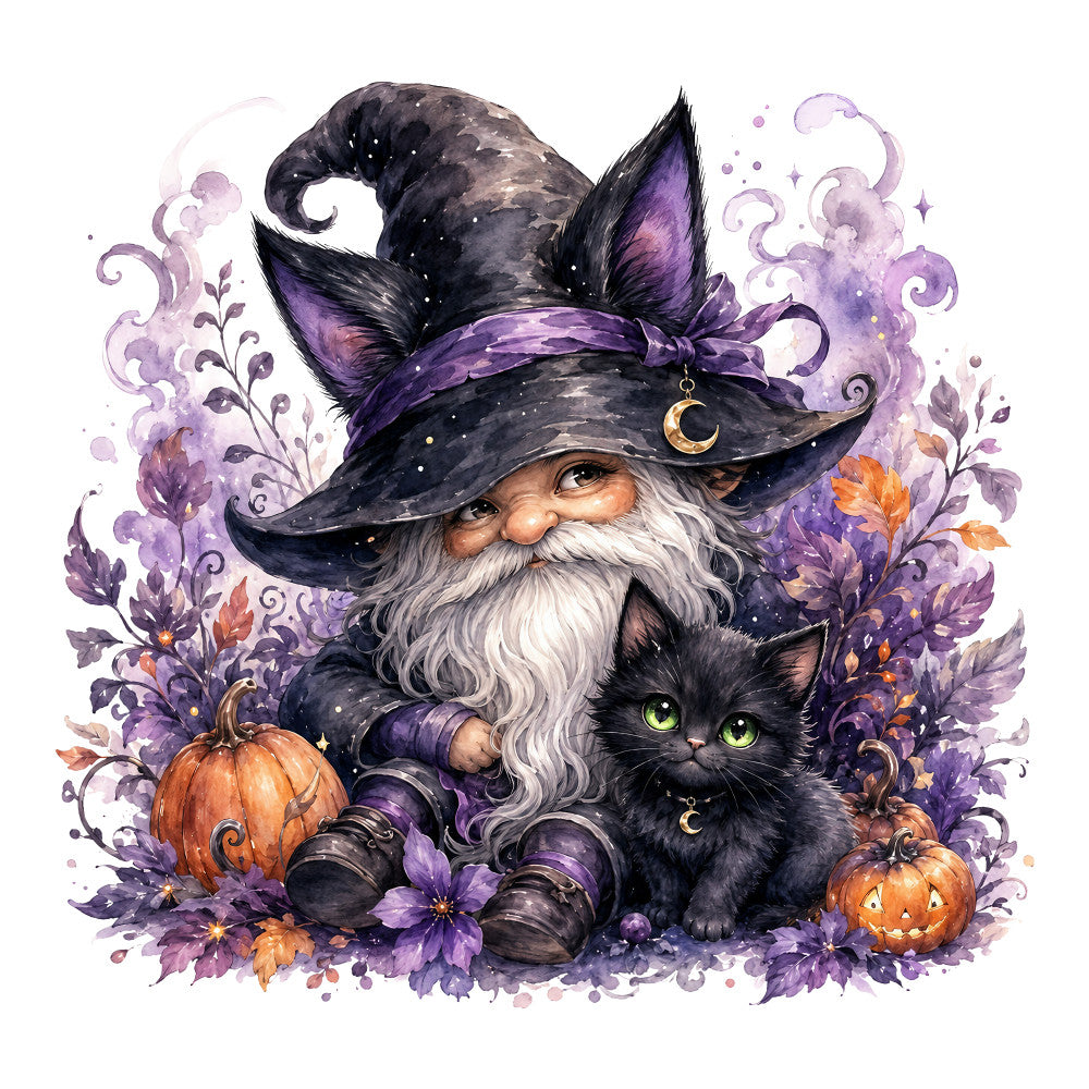 witch, wizard, black cat, purple, orange, gold, celestial, moon, stars, magical, whimsical, halloween, autumn, fall, pumpkin, enchanted, mystical, fantasy, dark purple, pumpkins, witch hat, familiar, black feline, spooky, decorative, folk art, storybook, magical creatures, ornate florals, decorative panel