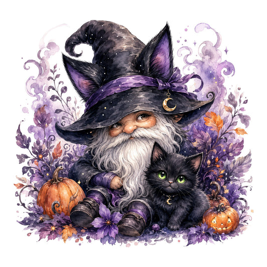 witch, wizard, black cat, purple, orange, gold, celestial, moon, stars, magical, whimsical, halloween, autumn, fall, pumpkin, enchanted, mystical, fantasy, dark purple, pumpkins, witch hat, familiar, black feline, spooky, decorative, folk art, storybook, magical creatures, ornate florals, decorative panel