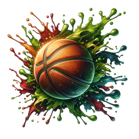 basketball, watercolor style, paint splash, orange, green, teal, red, yellow, sports theme, dynamic motion, fabric panel, quilting cotton, athletic design, energetic, colorful splashes, round ball, basketball lines, vibrant colors, artistic style, movement pattern