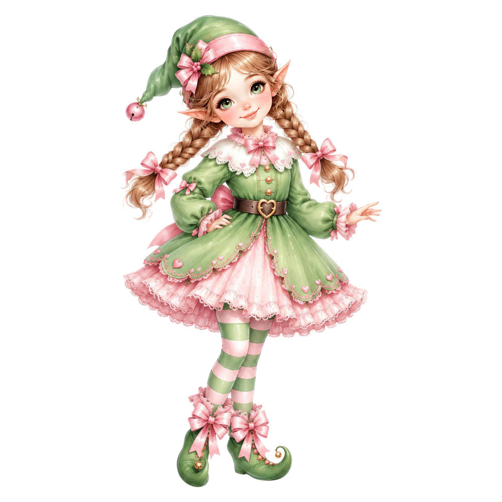 sage green, dusty rose, pink, fairy tale, elf, whimsical, fantasy, character, vintage, spring, girl, braids, striped stockings, lace collar, floral accents, heart motif, bow ribbons, pointed ears, magical, storybook, children's, playful, feminine, sweet, enchanted, dress, cottage core, pastel, cheerful, illustrated