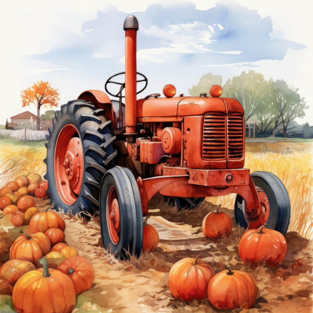 red tractor, autumn harvest, pumpkins, fall, farmhouse, vintage tractor, orange, rust red, cream, sage green, agricultural, countryside, rustic, harvest season, farm life, retro, nostalgic, pumpkin patch, countryside landscape, traditional, pastoral, seasonal, autumn decor, farm themed, harvest time, burnt orange, cream colored background, mid-century, americana, rural scene