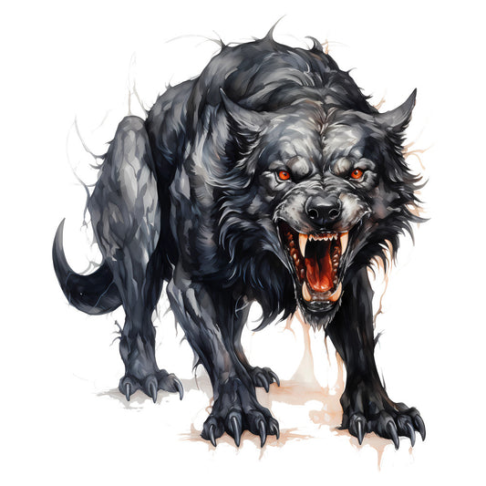 dark gray, charcoal, black, orange, red eyes, fantasy, mythical, creatures, beast, monster, werewolf, supernatural, gothic, dark fantasy, horror, aggressive, fierce, intimidating, mystical, dramatic, intense, wall hanging, home decor, fantasy art, game room, adventure theme, dark aesthetic