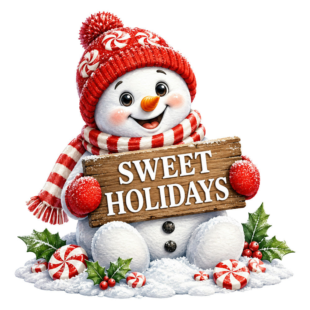 red and white, candy cane, peppermint, snowman, christmas, holiday, winter, festive, whimsical, cute, cheerful, pom pom hat, striped scarf, holly, berries, sweet holidays, seasonal, christmas panel, snow, orange nose, jolly, playful, traditional christmas, red hat, candy themed, nostalgic, children's, family friendly