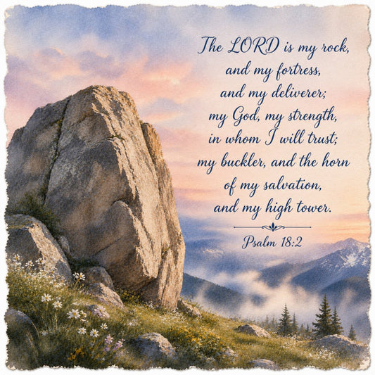inspirational, psalm 18:2, religious, spiritual, scripture, mountain landscape, rocky peaks, nature, scenic, rustic, traditional, peaceful, serene, cream, soft blue, dusty blue, warm beige, tan, sage green, white flowers, wildflowers, daisy, sunset sky, golden light, misty mountains, evergreen trees, high altitude, majestic, contemplative, faith-based