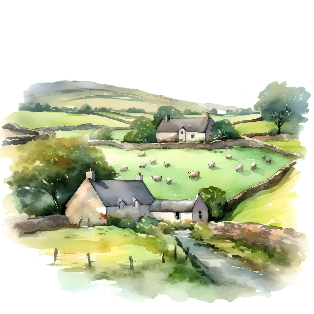 pastoral landscape, countryside scene, farmhouse, rolling hills, sheep grazing, rural village, cottage core, sage green, soft yellow, cream, taupe, earthy tones, watercolor style, folk art, traditional, rustic, nature inspired, farm animals, scenic view, english countryside, bucolic, peaceful, home decor, wall hanging, landscape art, vintage illustration, storybook aesthetic, spring, summer