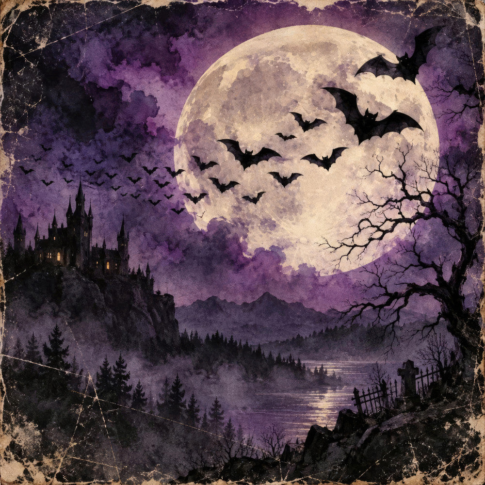 purple, eggplant, deep purple, cream, black, gothic, halloween, haunted house, castle, full moon, moonlight, bats, spooky, mystical, dark, vintage, celestial, night sky, forest, trees, graveyard, cross, fence, moody, atmospheric, horror, supernatural, dark fantasy, autumn, wall hanging