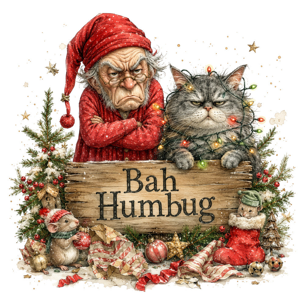 christmas, holiday, bah humbug, grumpy santa, grumpy cat, red, gray, green, gold, cream, whimsical, humorous, festive, animals, cats, mice, vintage, rustic, nostalgic, winter, seasonal, fabric panel, decorative, character design, jolly, sarcastic, traditional christmas, holiday humor, celestial stars, ornaments