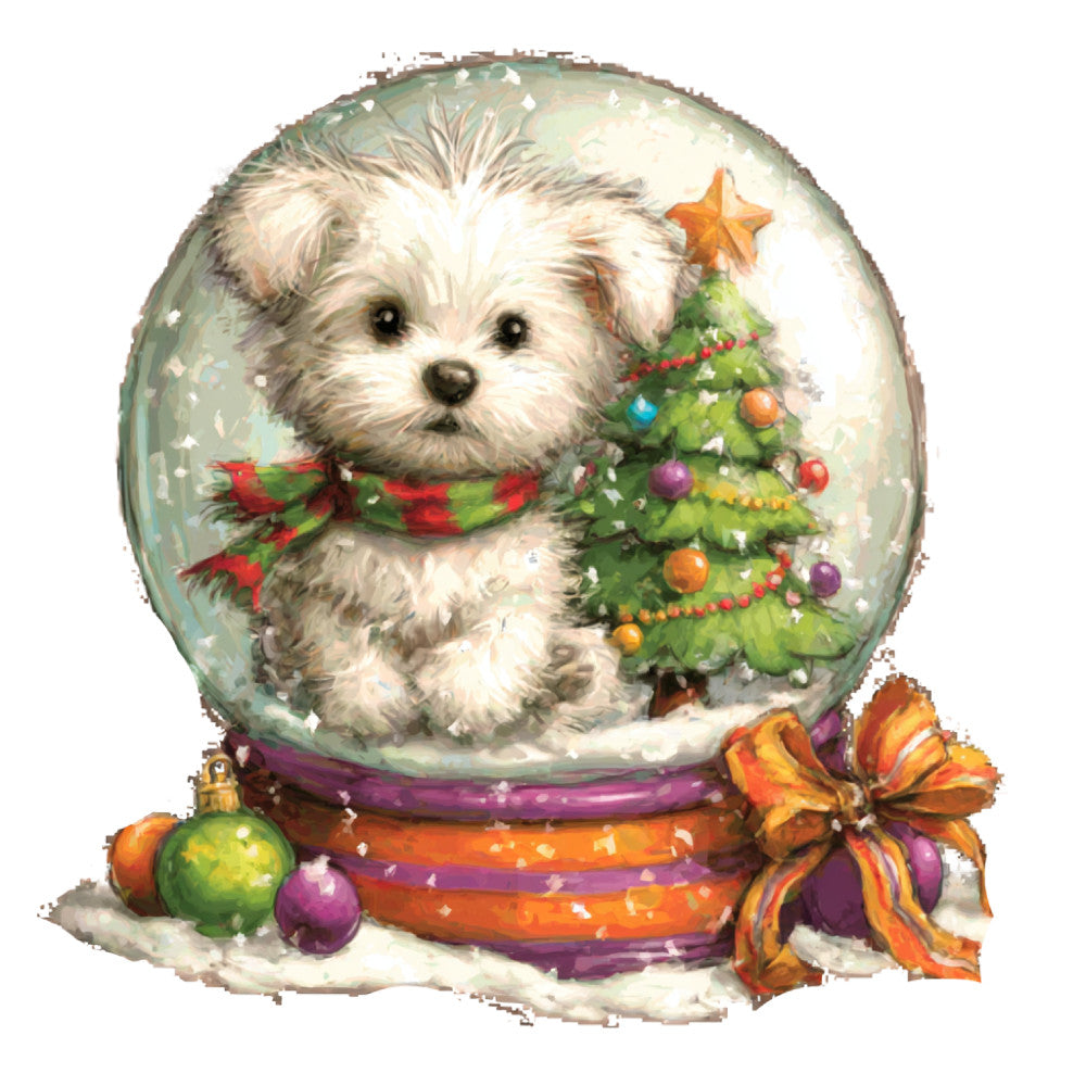 white puppy, snow globe, christmas tree, holiday, festive, winter, cute dog, maltese, small dog, gold star, ornaments, colorful baubles, red bow, striped base, whimsical, cheerful, magical, snowy, emerald green, gold accents, purple, orange, playful, children's, seasonal, christmas themed, pet lovers, adorable animals, festive decoration