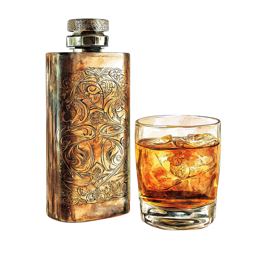 amber, golden brown, bronze, whiskey bottle, ornate engraving, decorative scrollwork, vintage glass, bourbon whiskey, ice cubes, rocks glass, luxury spirits, intricate patterns, warm tones, elegant design, fabric panel, quilting cotton, masculine theme, distillery inspired, sophisticated artwork, rich textures