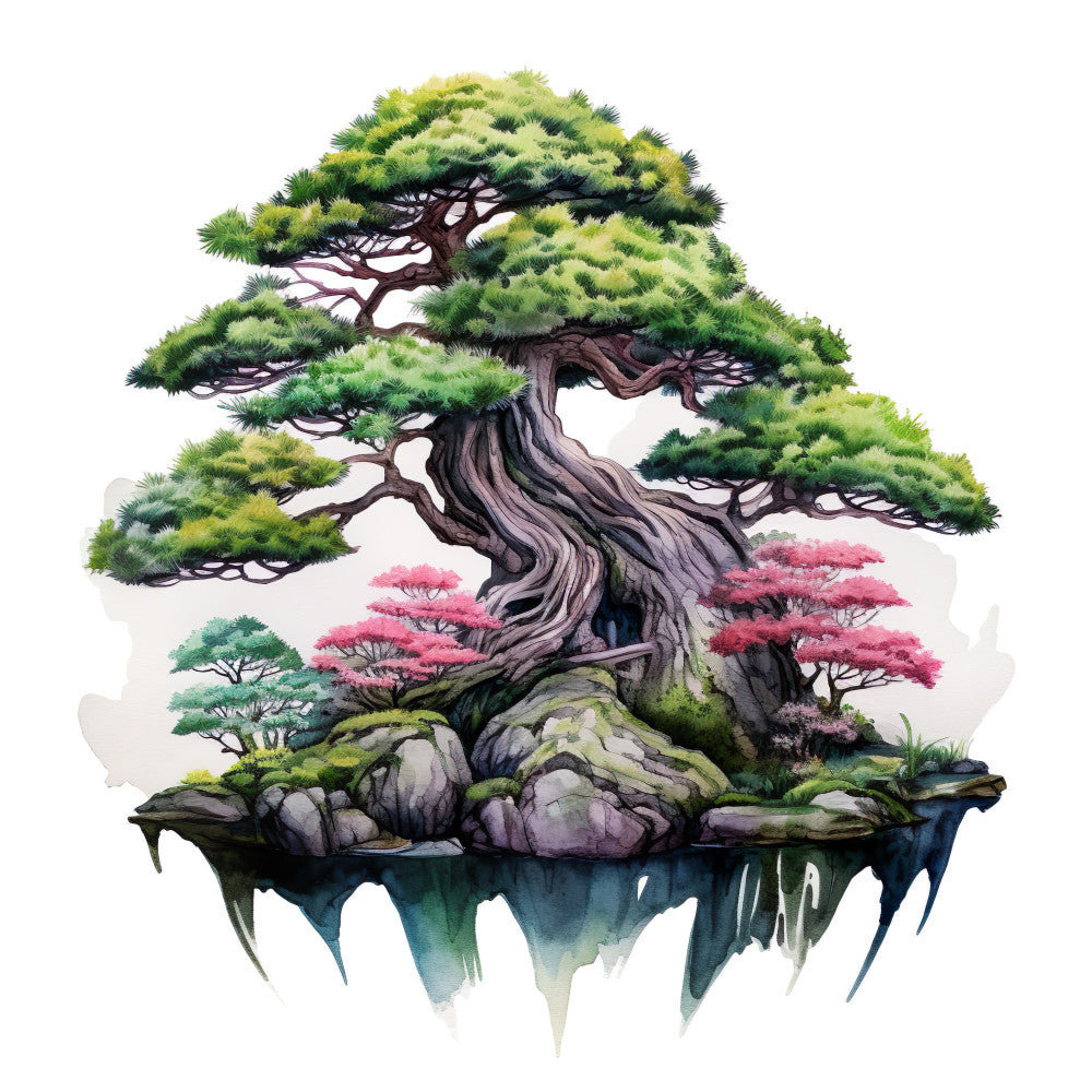 watercolor bonsai, floating island, twisted trunk, green foliage, pink cherry blossoms, moss covered rocks, ethereal landscape, fabric panel, quilting cotton, nature scene, japanese garden, mystical tree, sage green, coral pink, gray stones, whimsical art, botanical design, zen garden, tranquil mood, organic shapes