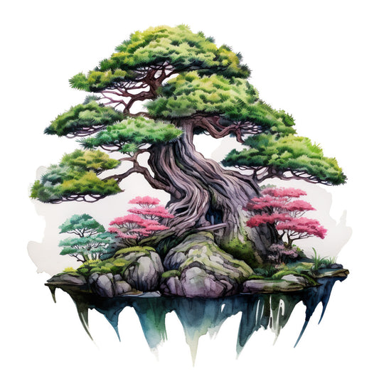watercolor bonsai, floating island, twisted trunk, green foliage, pink cherry blossoms, moss covered rocks, ethereal landscape, fabric panel, quilting cotton, nature scene, japanese garden, mystical tree, sage green, coral pink, gray stones, whimsical art, botanical design, zen garden, tranquil mood, organic shapes