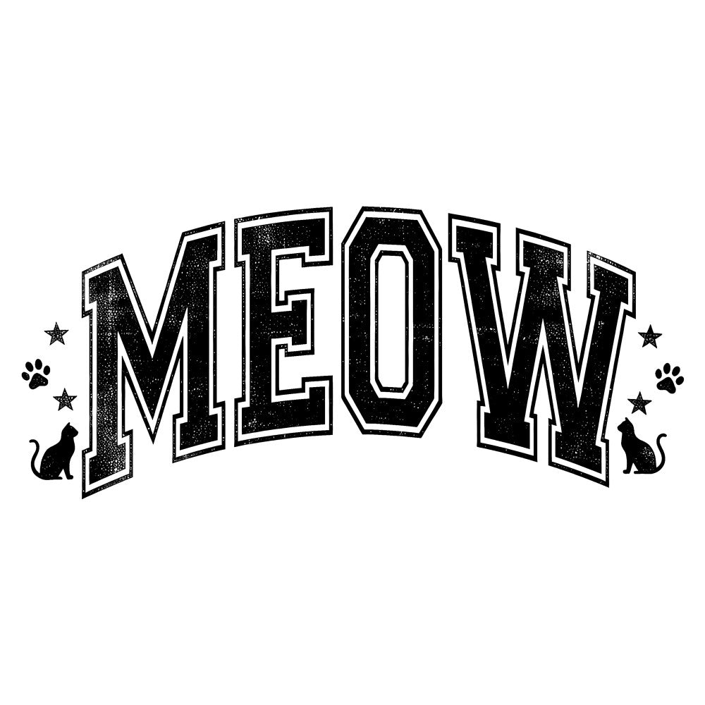 black and white, cat, kitten, feline, paw prints, stars, vintage, retro, typography, text, bold letters, whimsical, playful, animal themed, pet lover, cat lover, contemporary, graphic design, decorative, wall art, home decor, novelty print, fun design, kids, children, black ink, monochrome, statement piece, modern graphic