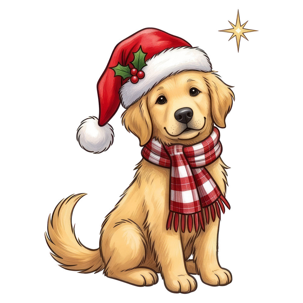 golden retriever, christmas, holiday, santa hat, red and white plaid, festive, winter, dog, animals, pets, scarf, holly berries, star, cream, gold, red, white, whimsical, cheerful, seasonal, decorative, themed panel, christmas dog, puppy, jolly, traditional, cute animals