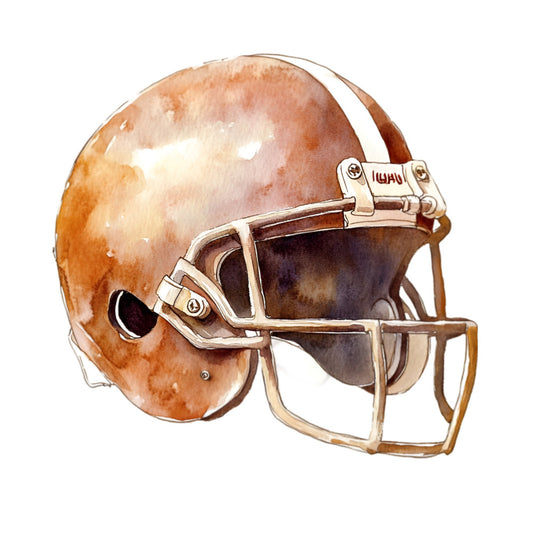 football helmet, sports, rust brown, tan, cream, beige, metallic gold, metallic silver, athletic, masculine, vintage sports, americana, rust orange, bronze, team sports, football fan, sports memorabilia, nostalgic, traditional, sporty, football themed, wall hanging, home decor, sports enthusiast, gift fabric, novelty print, realistic illustration, watercolor style, sports apparel