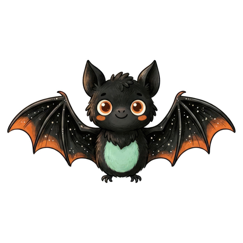 black bat, orange wings, mint green belly, cute animals, halloween, spooky, whimsical, celestial, stars, sparkly, dark colors, children's, kid-friendly, autumn, fall, festive, playful, charming, fantasy, magical, night sky, nocturnal creatures, orange accents, sweet smile, cheerful, baby quilt, wall hanging, novelty print, creature feature