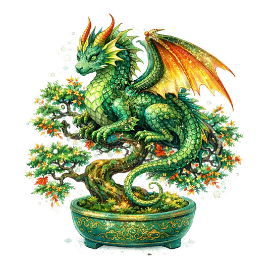 emerald green, forest green, golden yellow, orange, red, nature, fantasy, dragon, mythical creatures, whimsical, magical, botanical, flowers, bonsai, potted plant, asian inspired, oriental, decorative bowl, elegant, detailed, intricate, summer, spring, animal lovers, adventure, enchanted garden, nature lovers, home decor