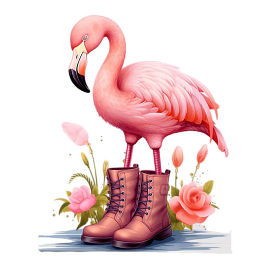 flamingo, pink bird, coral pink, peach tones, brown boots, lace-up boots, watercolor style, whimsical art, tropical bird, roses, floral elements, fabric panel, quilting cotton, nature scene, bird illustration, soft pastels, artistic design, cotton fabric, panel print, decorative fabric