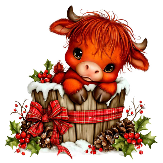 red highland cow, burnt orange, cream white, forest green, plaid bow, christmas fabric, holiday cow, whimsical animal, rustic farmhouse, festive panel, baby quilt, wall hanging, cow portrait, holly berries, pinecones, tartan ribbon, country style, cute cattle, seasonal decoration, red plaid, winter holiday, farm animal, traditional christmas, cheerful cow, decorative panel, nursery print, cottage core, festive farmyard